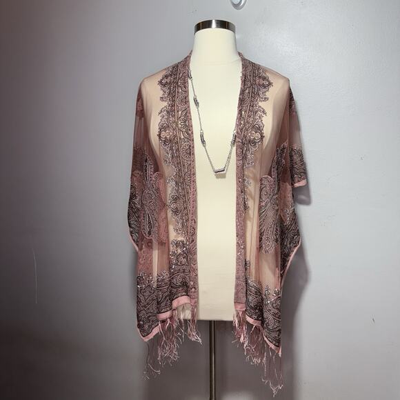 David & Young Kimono Pink Sheer One Size Open Front Embroidered Fringe Boho - Picture 1 of 8